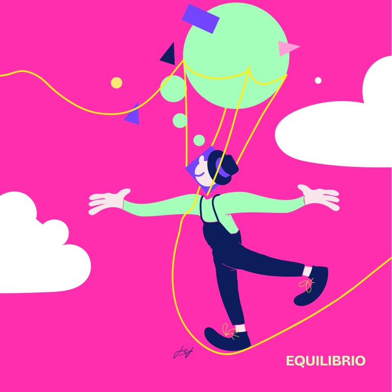 grafica con un personaggio equilibrista. Sulla destra la scritta equilibrio