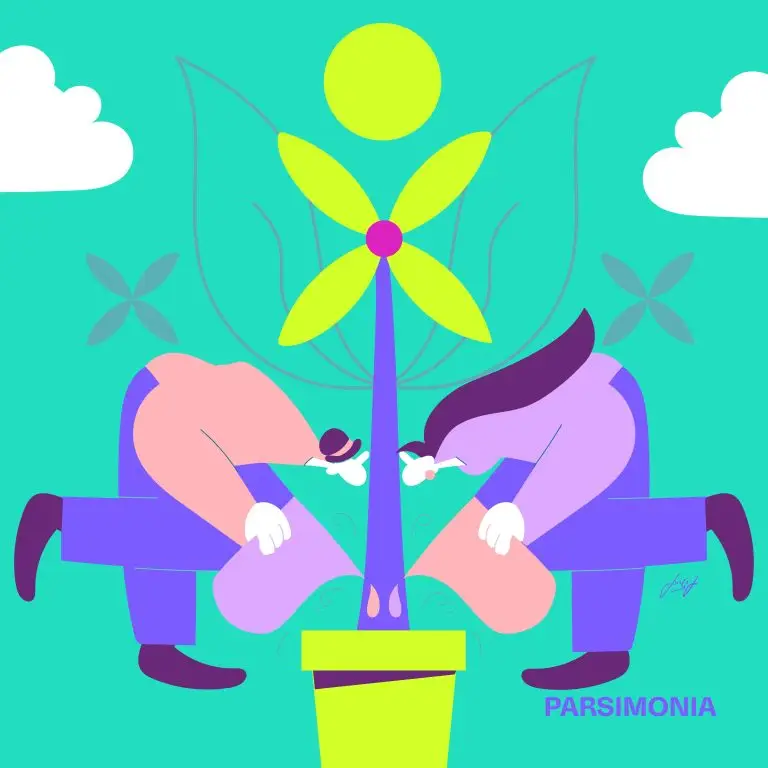 grafica con due personaggi che annaffiano una pianta. Sulla destra la scritta parsimonia
