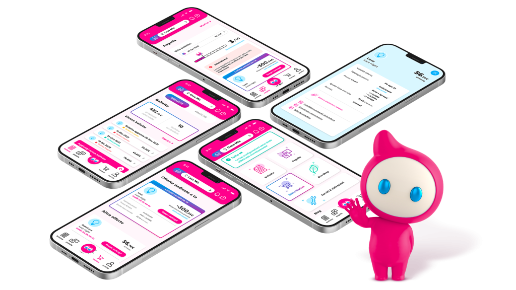Mascotte di Billooo con cinque cellulari che mostrano parti diverse dell'app