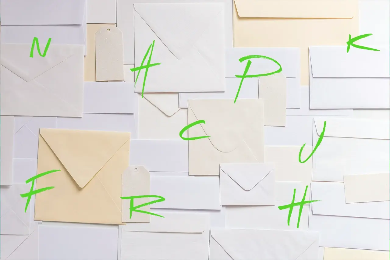 La tradizione incontra l'innovazione nell'e-mail marketing. Buste bianche con lettere verdi.
