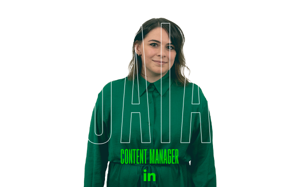 Persona con maglietta verde, GAIA CONTENT MANAGER, logo LinkedIn.
