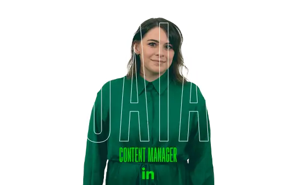 Persona con maglietta verde, GAIA CONTENT MANAGER, logo LinkedIn.