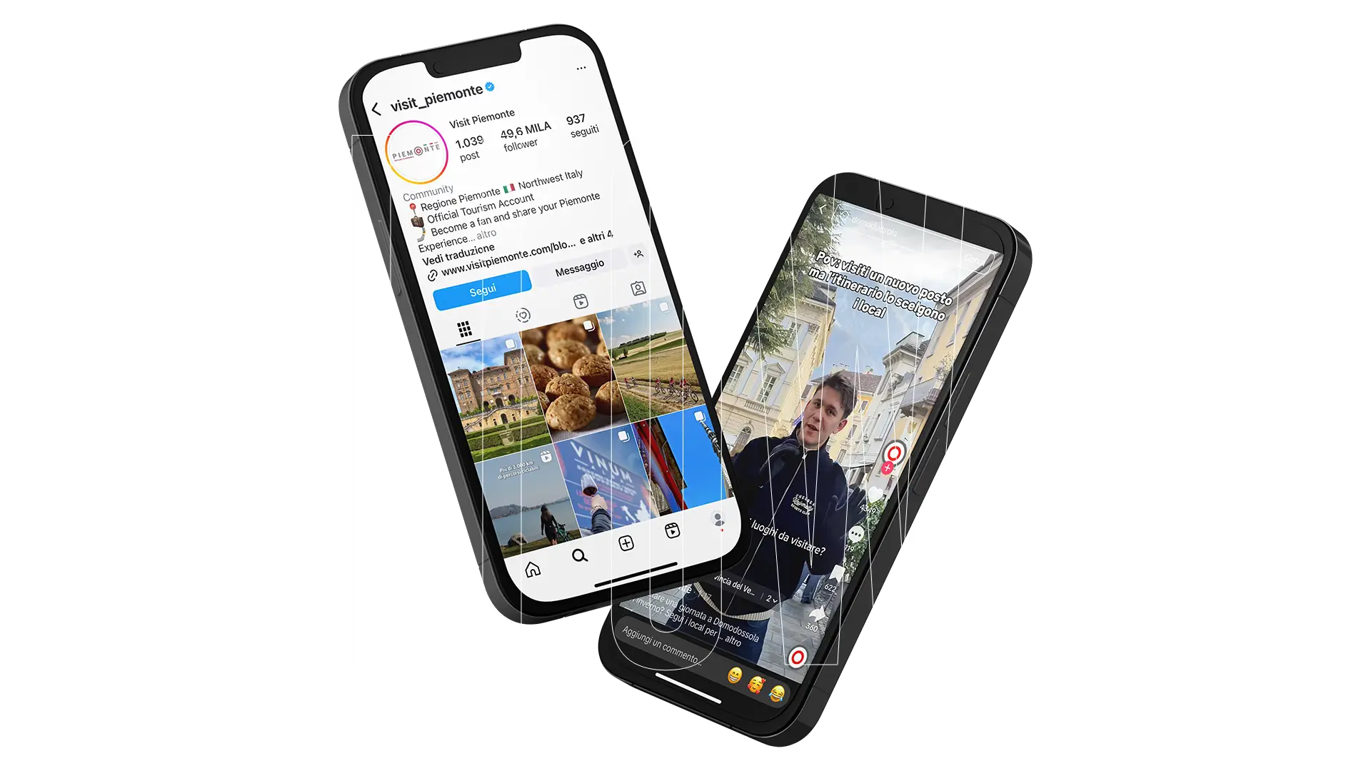 Due telefoni mostrano Visit Piemonte su Instagram e in un video.
