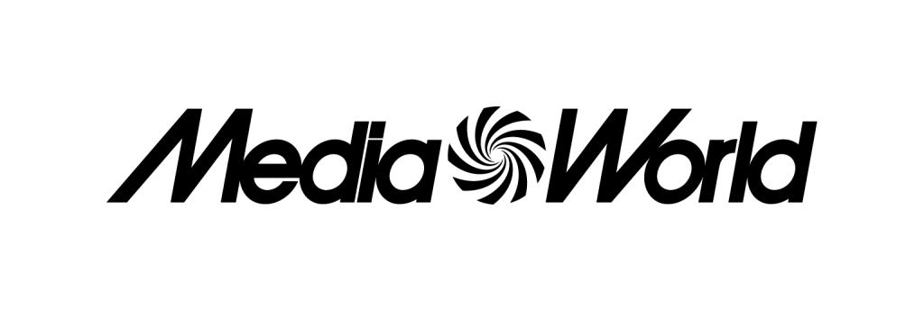 Logo MediaWorld in nero con "o" a spirale, su sfondo grigio chiaro.
