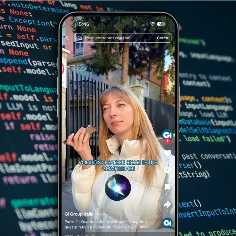 Donna in giacca bianca parla al telefono; testo italiano in sovrimpressione sullo schermo.