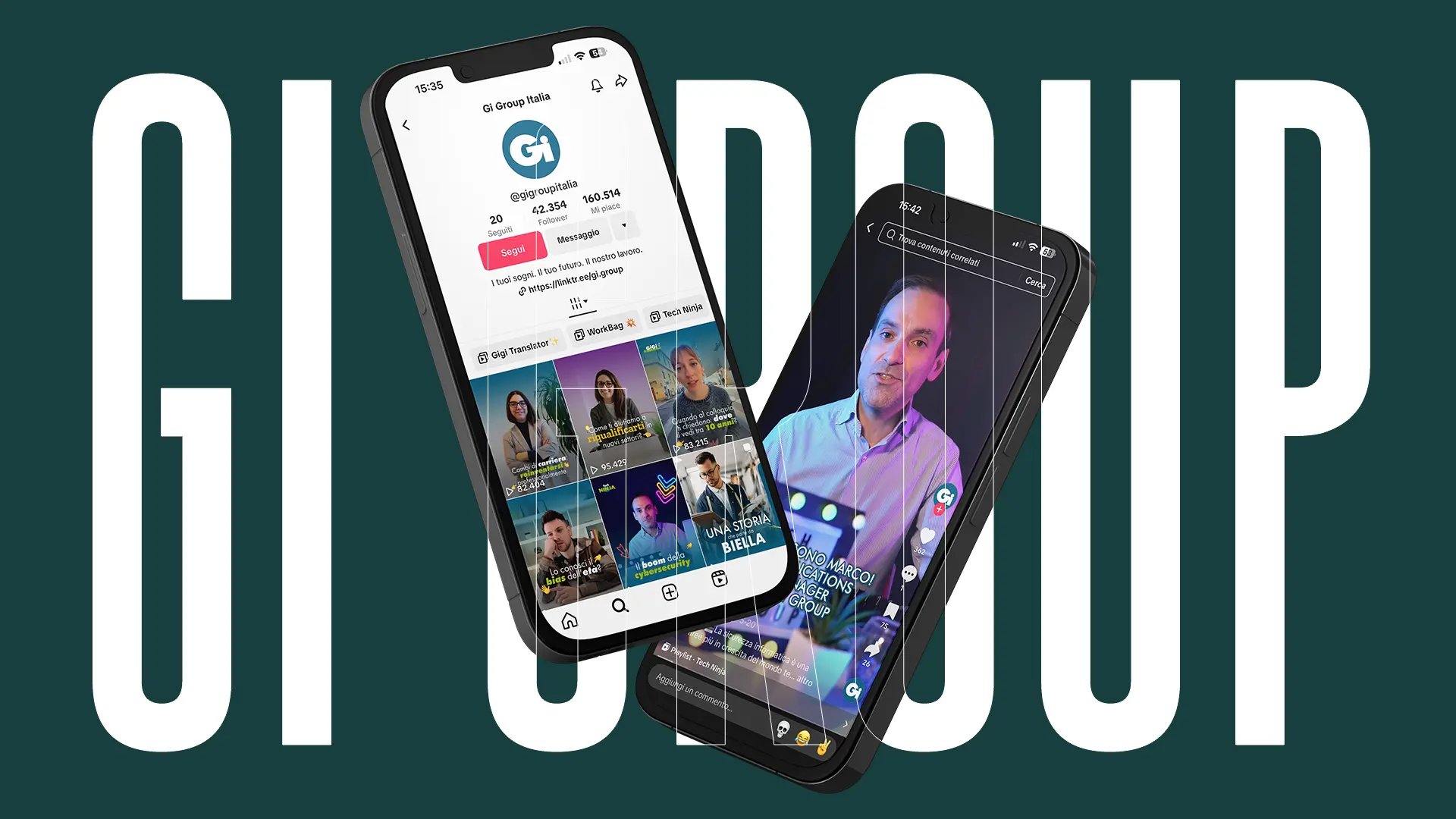 Due telefoni mostrano i video di TikTok, i profili in verde scuro con il testo del Gruppo GI.