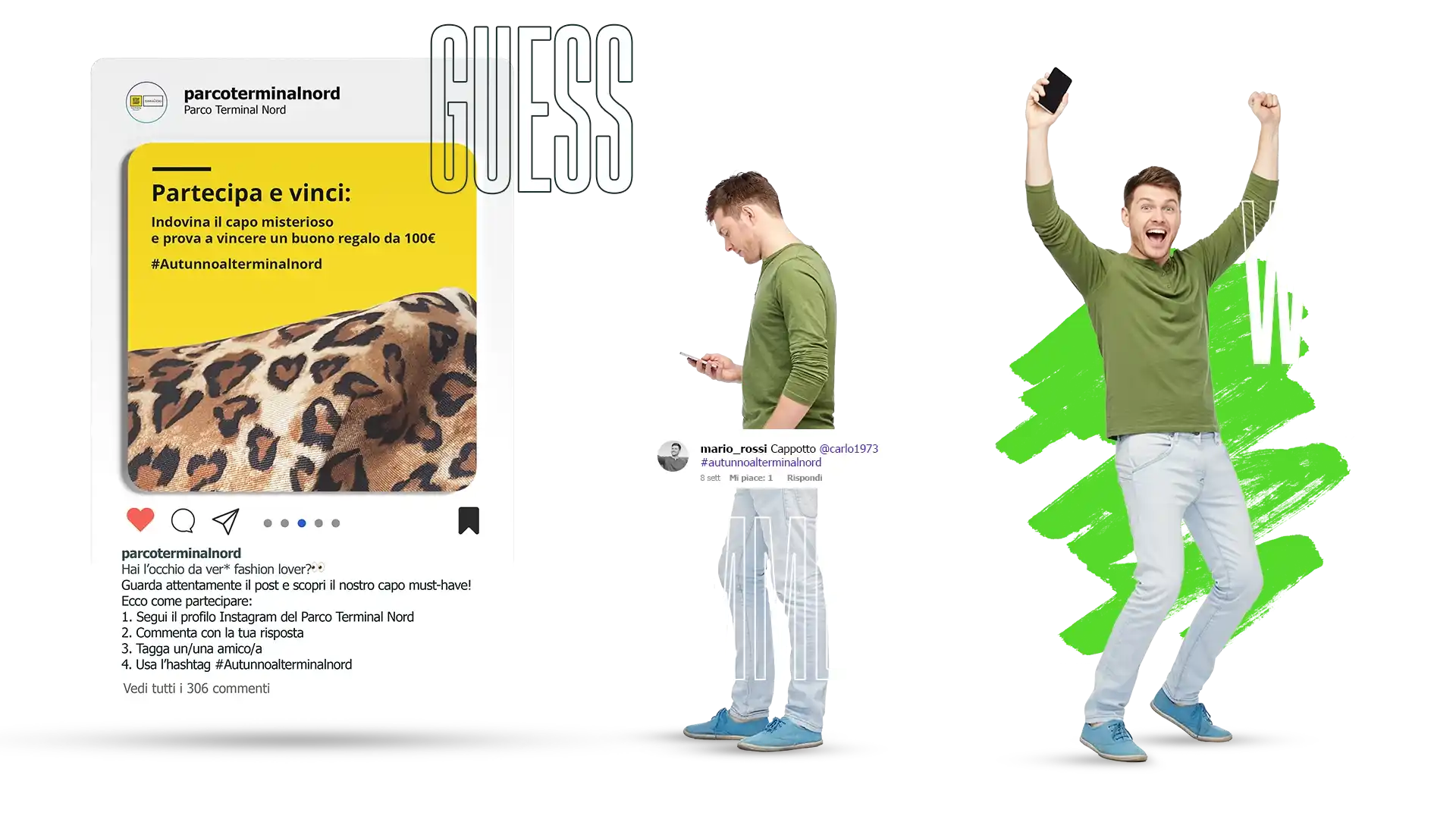 L'uomo in verde festeggia la vittoria del telefono; dietro lampeggiano "GUESS" e "CHEAT".