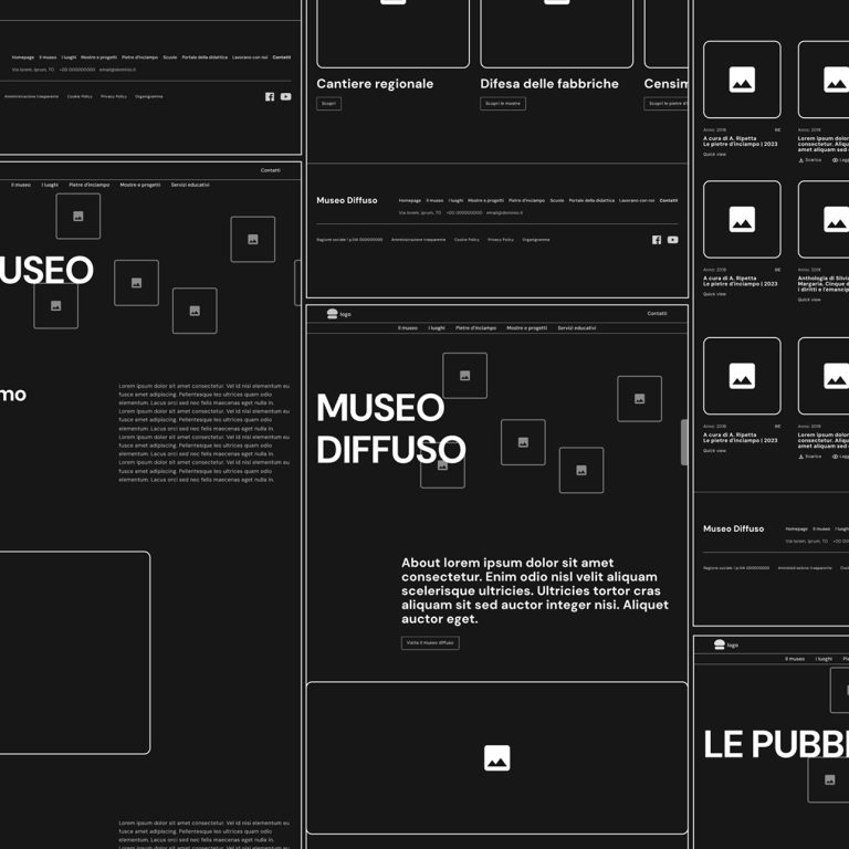Collage di wireframe in bianco e nero con intestazioni del Museo Diffuso e menu.
