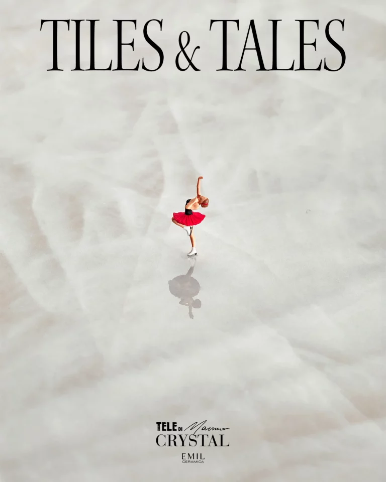 Statuetta di ballerina in tutù rosso su piastrelle, testo sopra e sotto.