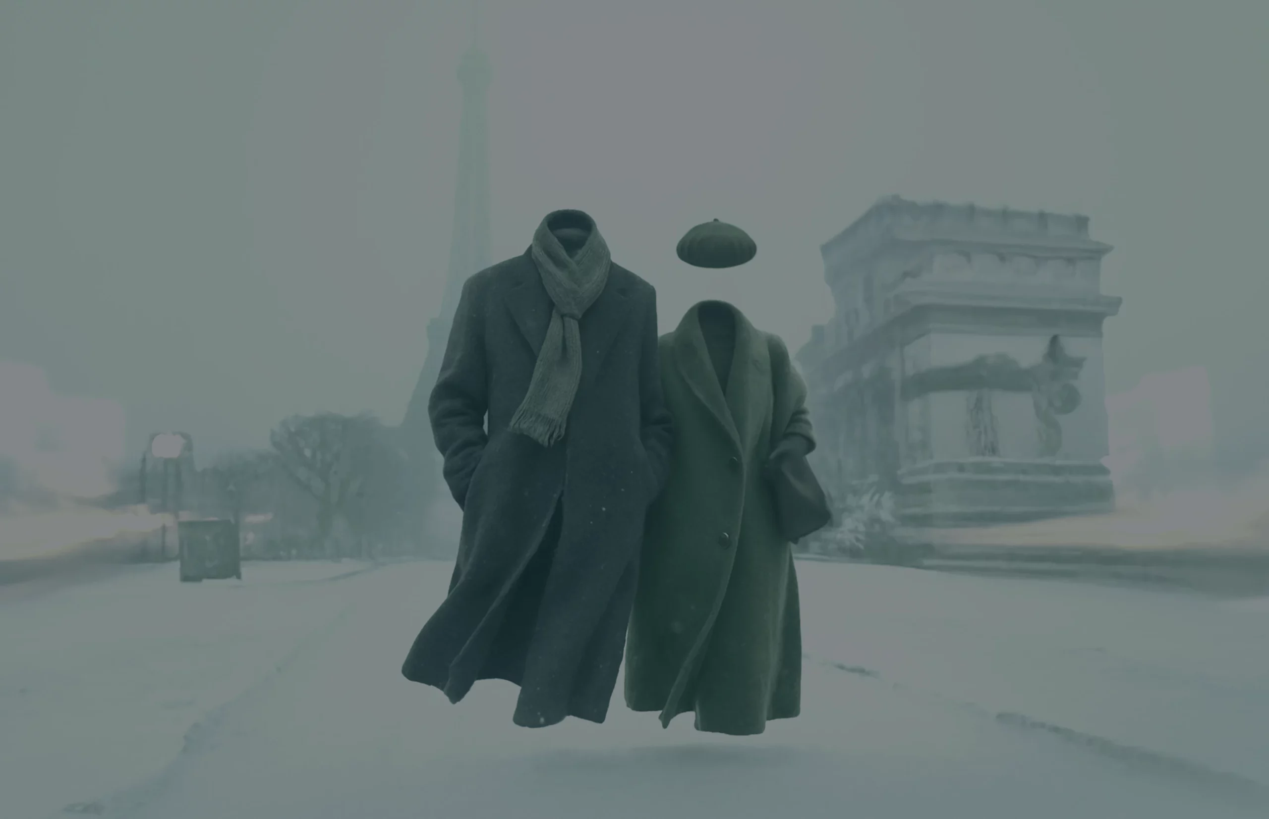 Headless coats with scarf, beret walk snowy Paris, Eiffel Tower nearby.