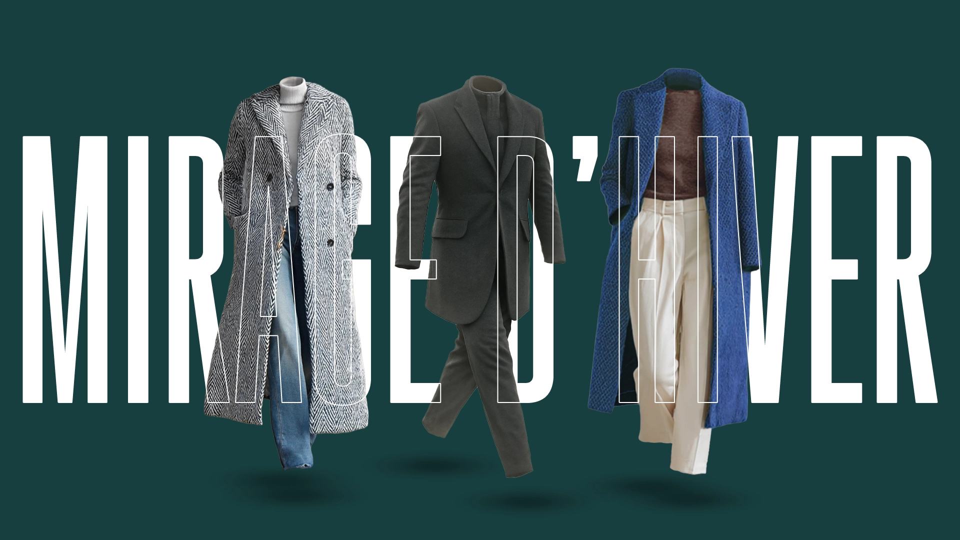 Three headless mannequins model winter looks before MIRAGE D’HIVER text.