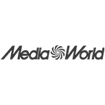 Logo MediaWorld in nero, grafica a spirale tra le parole, sfondo chiaro.