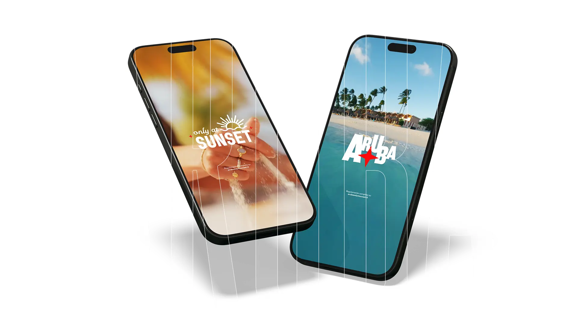 Due telefoni mostrano le promozioni di Aruba; sullo sfondo, grandi lettere bianche che compongono la parola “ARUBA”.