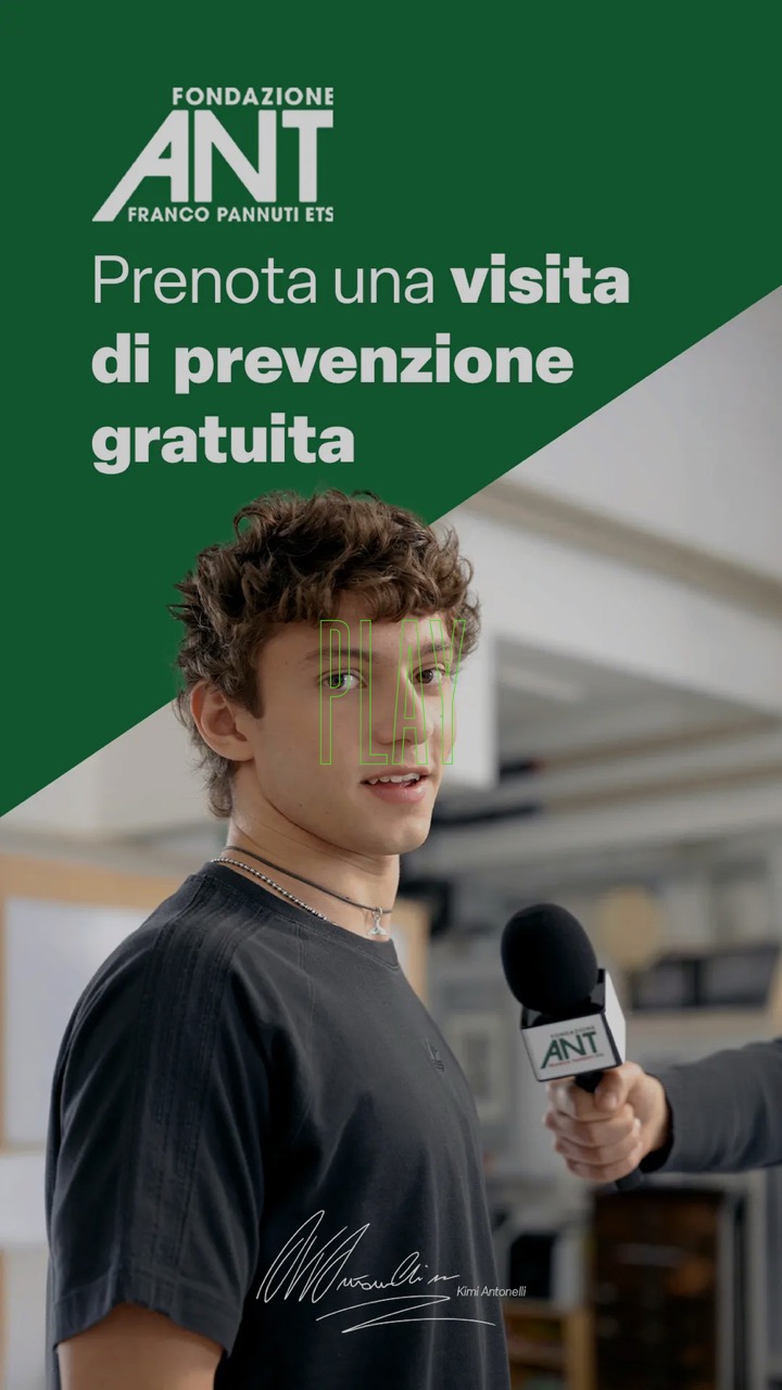 Kimi Antonelli intervistata con Fondazione ANT; testo: Prenota una visita gratuita.