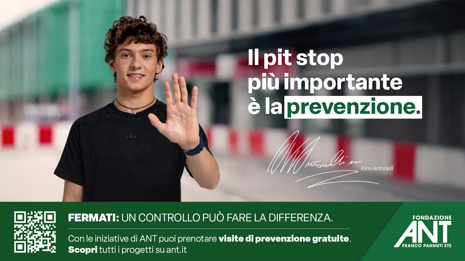 F1 driver Kimi Antonelli gestures to stop, to promote the free health checks offered by ANT.