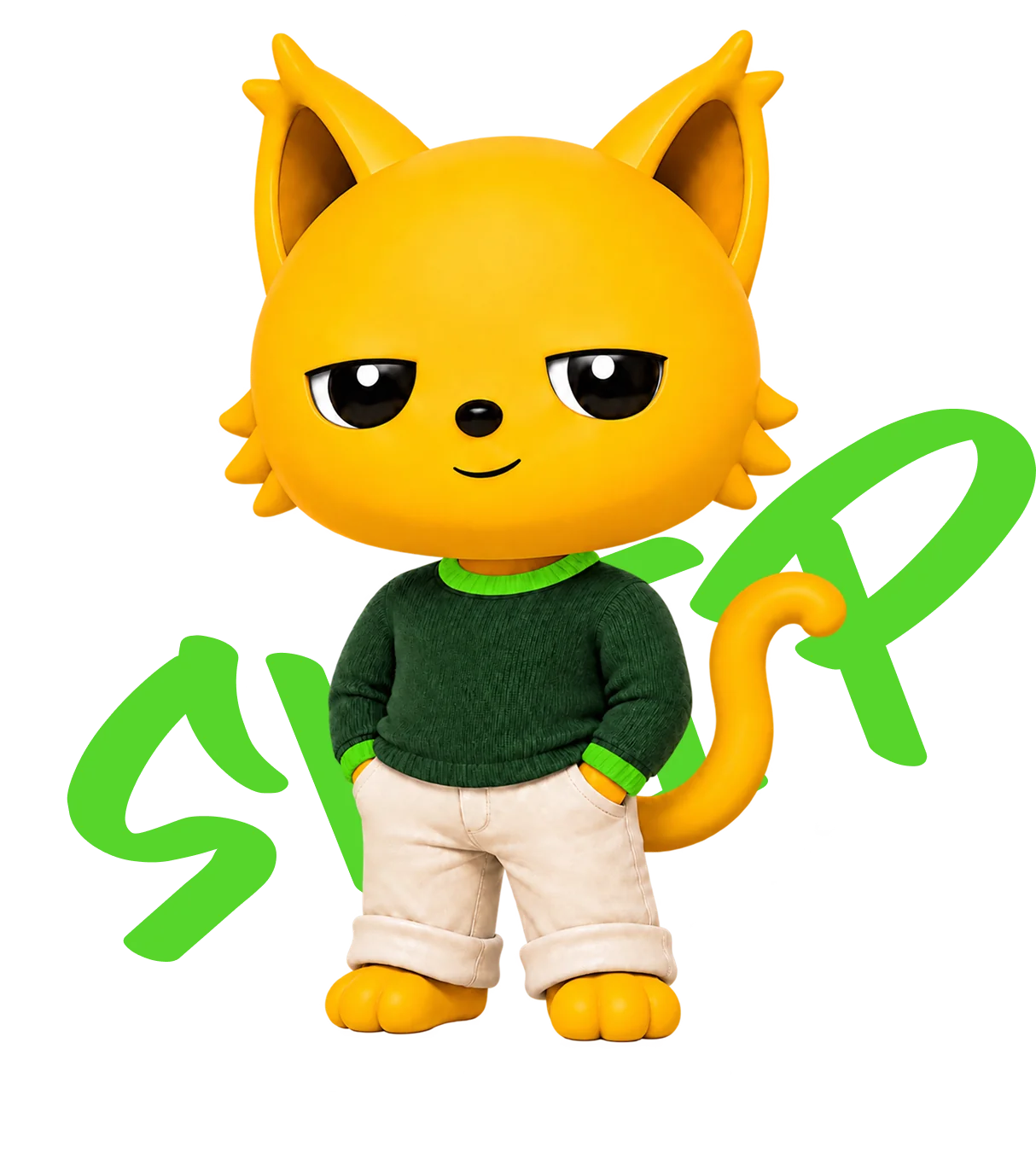 Un gatto giallo dei cartoni animati con un maglione verde posa accanto alla scritta “brand” realizzata con la tecnica del graffiti.